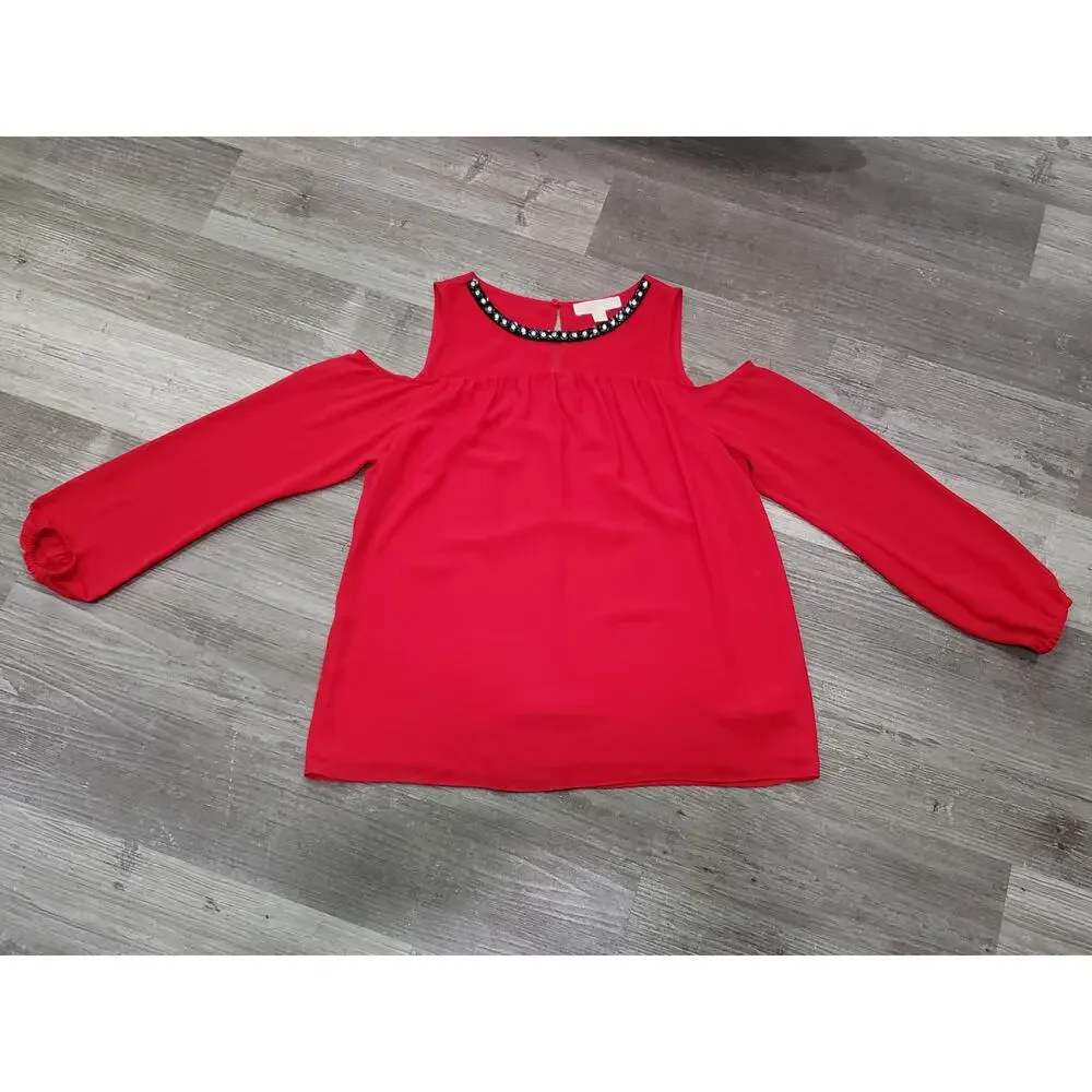 Michael Kors Red Long Sleeve Cold Shoulder Beaded Crew Neck Blouse Shirt Top